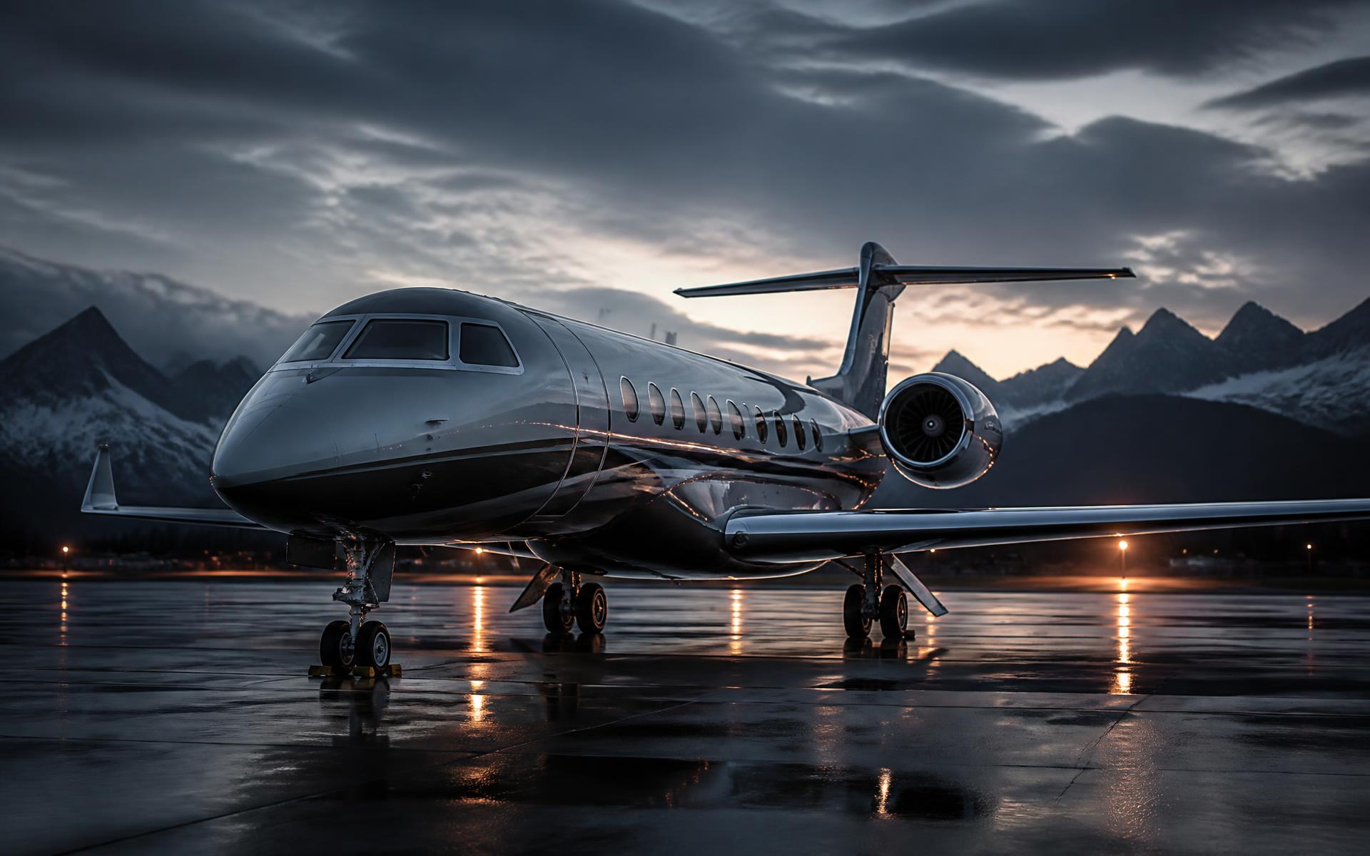 Private business jet on a wet tarmac at dusk with alpine peaks behind